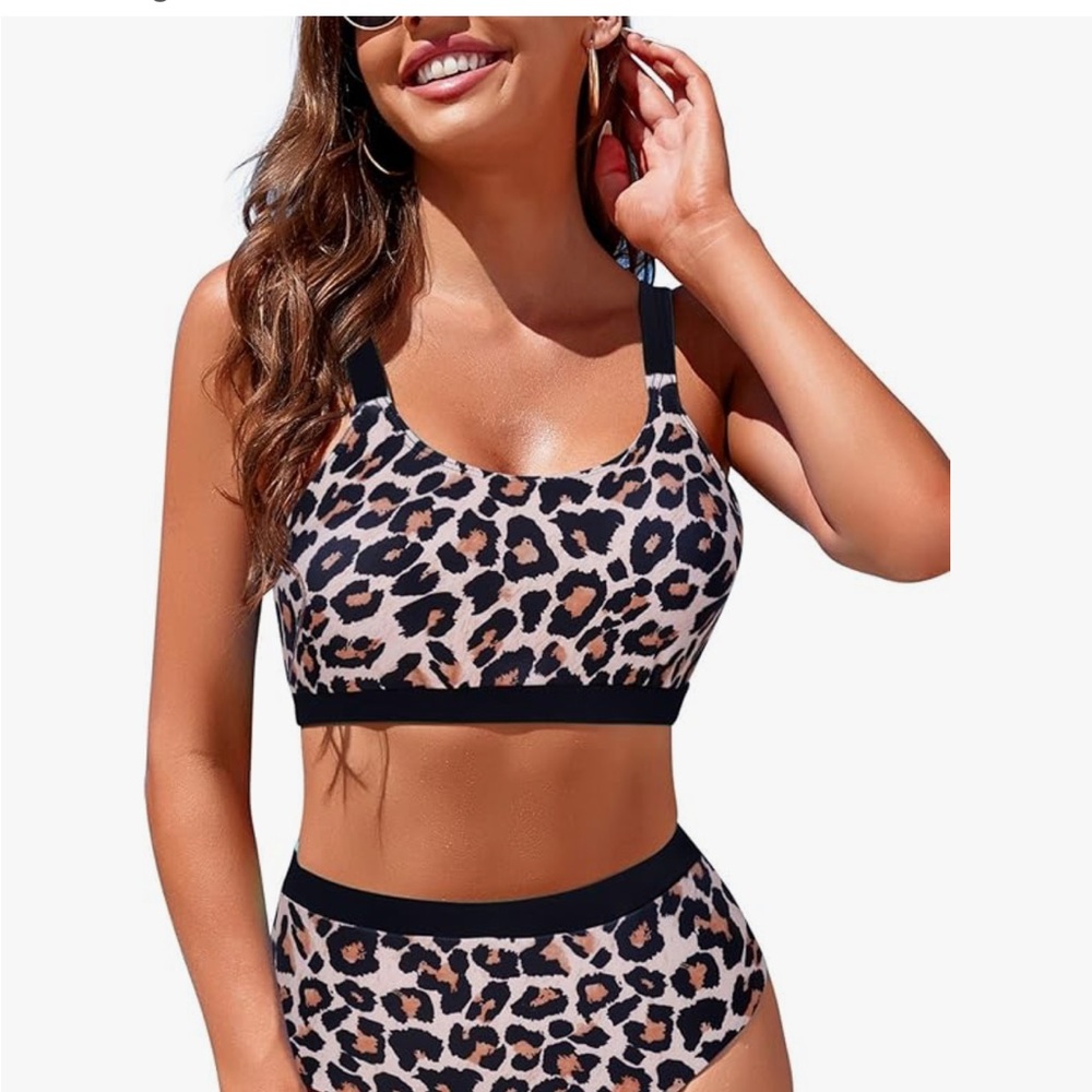 High Waisted Leopard Print Bikini Scoop Neck Top XL